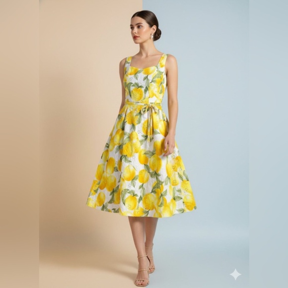 Anne Klein Lemon Print Eyelet Midi Dress - Summer Chic - Size 4